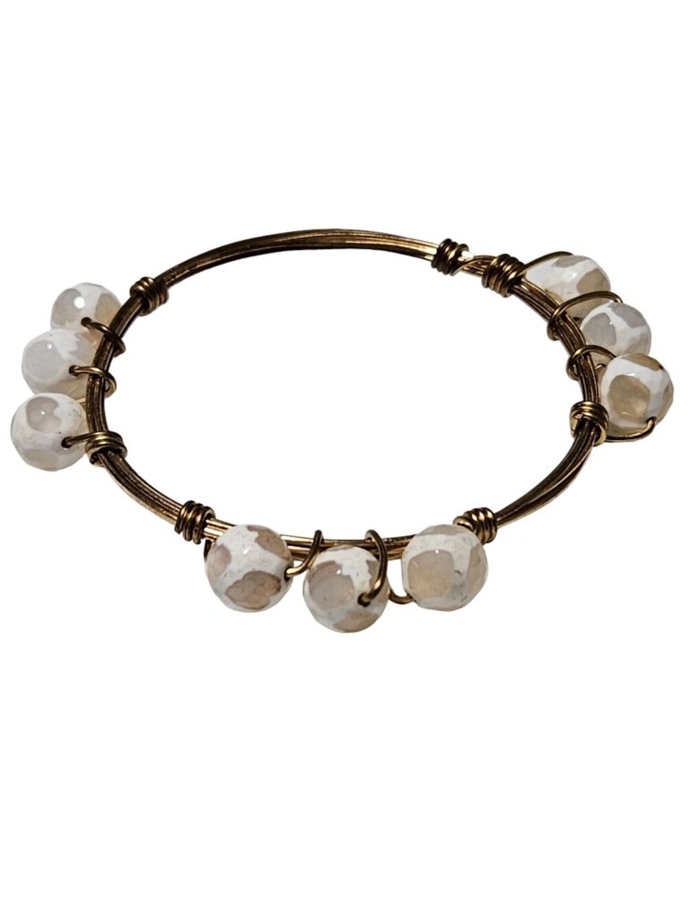 Handcrafted Beaded Wire Bangle Bracelet Faceted White Brown Beads Jewelry Women